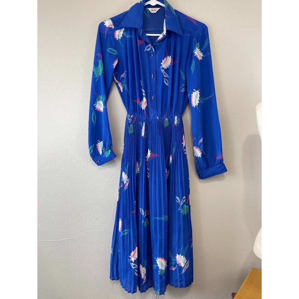Women's VTG Brother Sz 9 Dress Button UP Maxi Long Sleeve Blue Pleated Collared